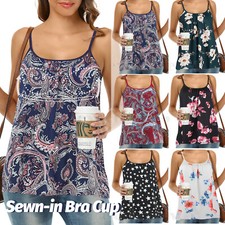 Women Camisole Built-In Shelf Bra Flowy Swing Pleated Summer Tank Top Plus Size