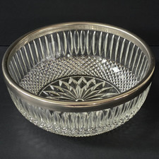 Vintage Heavy Diamond Point Glass Centerpiece Bowl Silver Plate Rim Starburst