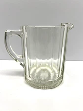 VTG Heavy Glass Pitcher Jug Paneled Starburst Base Ribbed Sides Clear 6 1/2" T