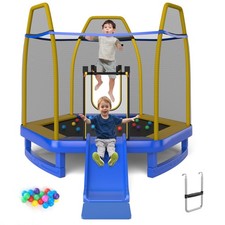 7FT Kids Recreational Trampoline w/Ladder Slide Ocean Ball Indoor Outdoor ASTM