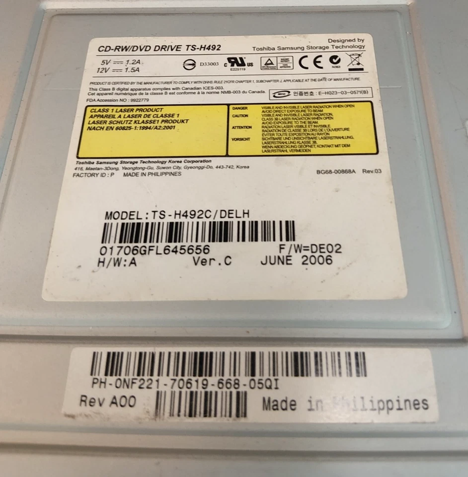 Unidad óptica Toshiba Samsung CD-RW/DVD TS-H492 DELH IDE 5,25" 0NF221 Foto 3 de 3