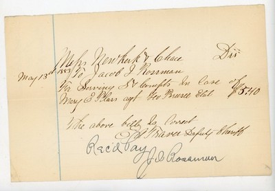 1883 Deputy Sheriff Receipt  Jacob J. Rossman Summons Mary E. Ellas Geo. Bruce