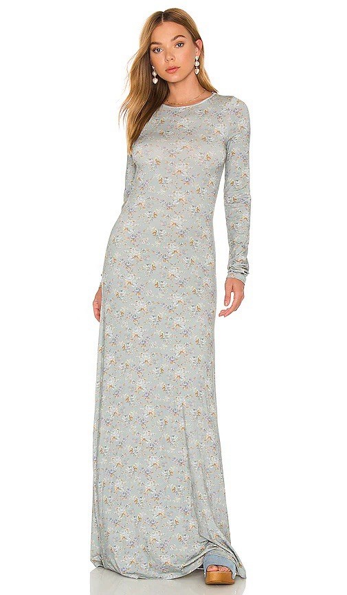 Loveshackfancy Floral Bricken Maxi Dress Long Sleeve Gray Blue Green Small