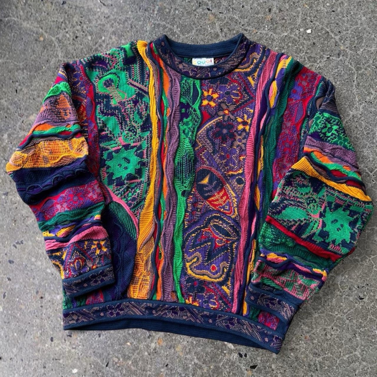 RARE Vintage Coogi 3-D Cable Knit Sweater Size L Flower, Fish, Guitar,Sun Design