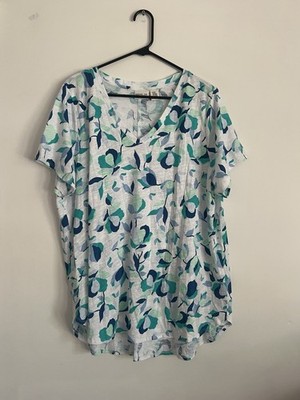 Rachel Zoe 100% Cotton Floral Top Blue Green Short Sleeve Shirt Size 2X