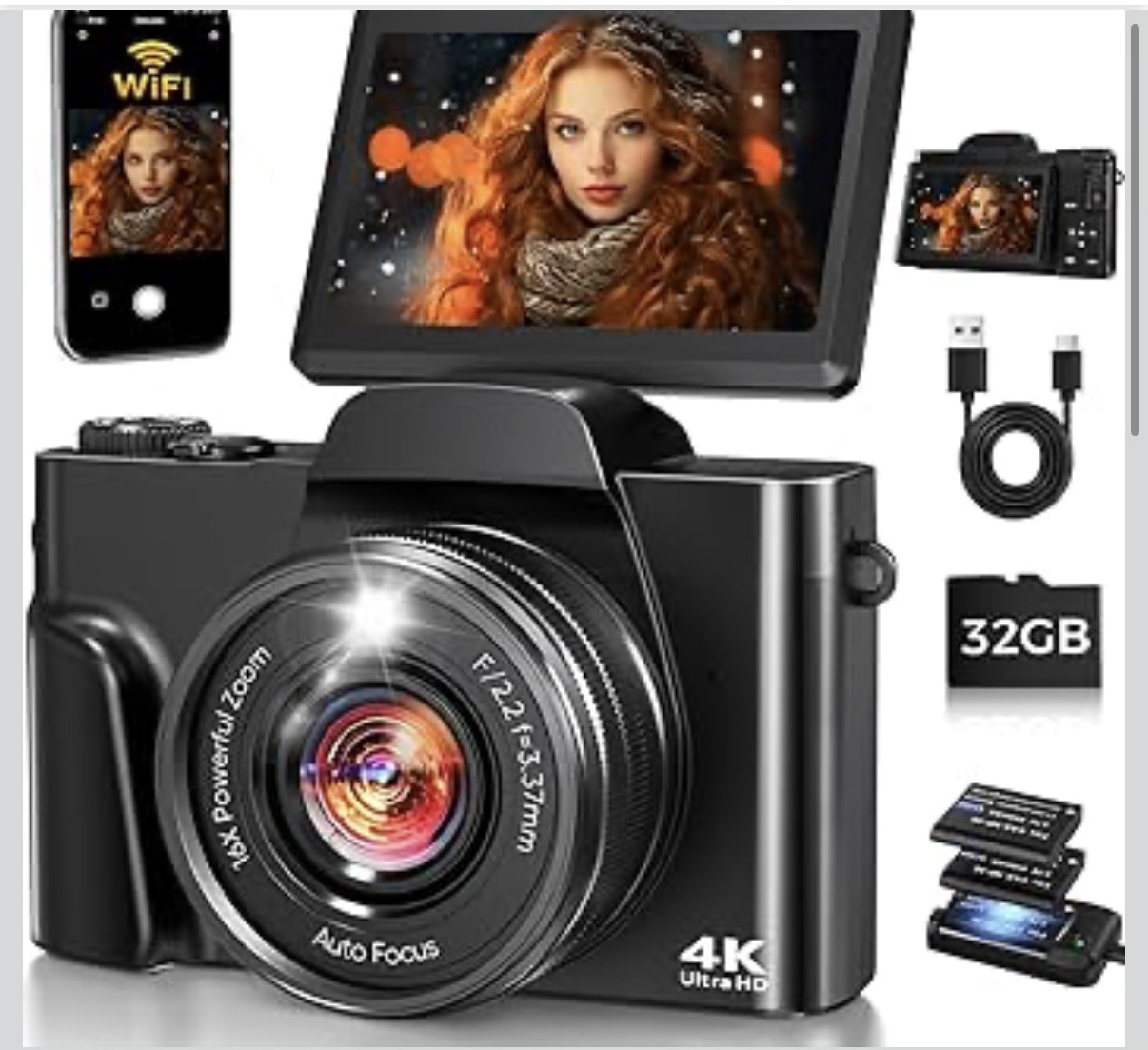 4K Digital Camera for Photography with WiFi,64MP Autofocus 3'' 180° Flip Screen