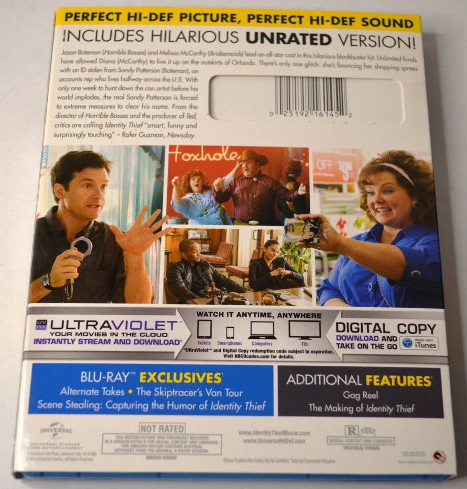 2012 IDENTITY THIEF BLU RAY & DVD WITH SLIP COVER STARRING JASON BATEMAN - Image 4 of 4
