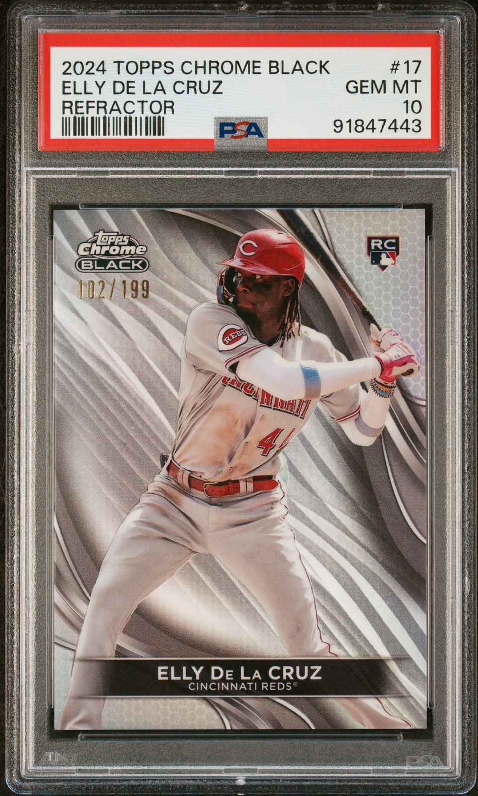 2024 TOPPS CHROME BLACK REFRACTOR #17 ELLY DE LA CRUZ 102/199 PSA 10