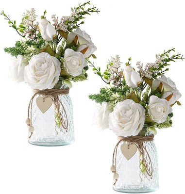 2 Pas Faux Flowers in vase,Fake Flowers with Vase, Artificial Silk Roses