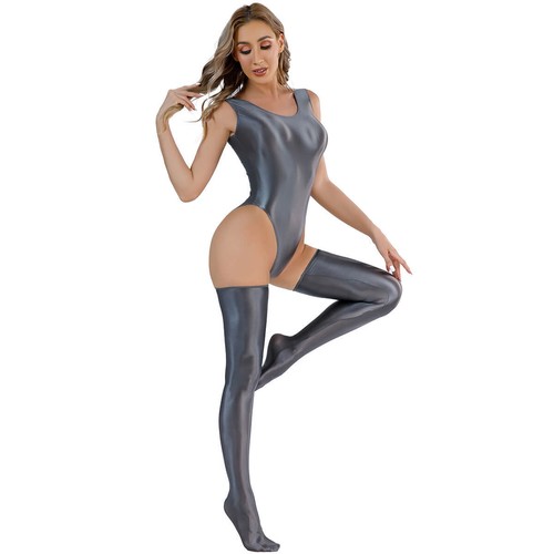 Women Shiny Glossy Leotard Lingerie High Cut Bodysuit Stretch Stockings Swimwear - Picture 8 of 20