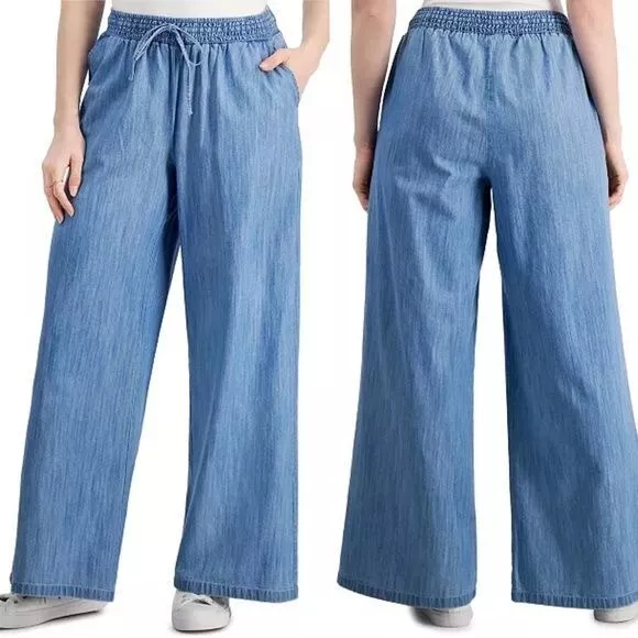 STYLE & CO Women's Chambray Wide-Leg Pants Blue Size Medium