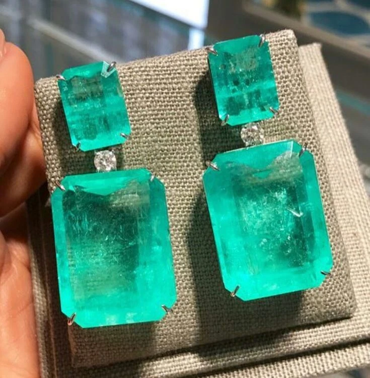 Astonishing Neon Colombian Emerald Dangle Drop Earrings 925 Sterling Silver - Image 2 of 4