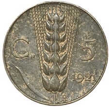 5 CENTESIMI 1921 - SPIGA - 2° TIPO - VITTORIO EMANUELE III - BB -