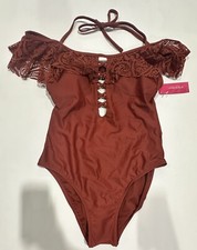 Xhilaration Juniors' Lace Off The Shoulder Halter One Piece Swim Suit - Clay M