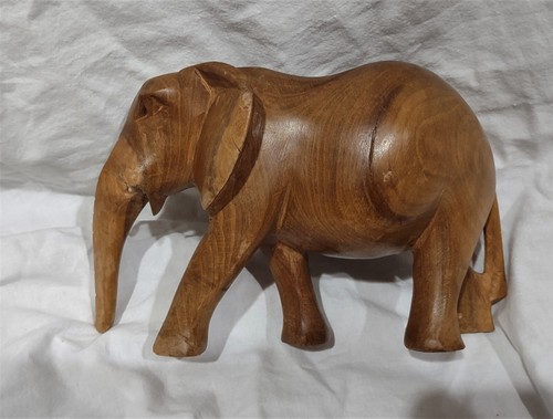 Solid Wood Hand-Crafted Brown Elephant Trunk Down Figurine/Statue--7" - Picture 3 of 5