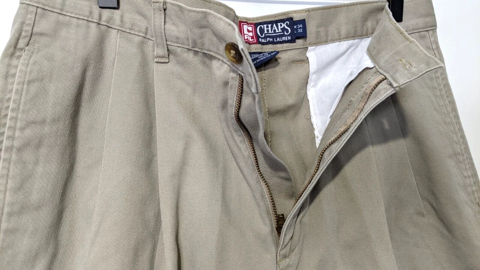 Pantalones chinos plisados Chaps Ralph Lauren para hombre. Pierna recta 100 % algodón talla 34x32 Foto 3 de 4