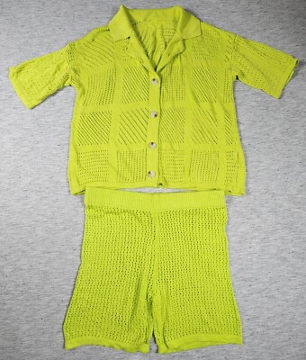 Knit Sheer Shorts Set Piece Outfit Half Sleeve Button Down Shirt Womens  XL
