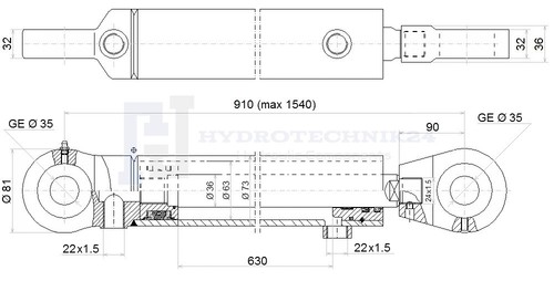 Hydraulikzylinder doppeltwirkend 63/36 Hub 630 inkl. Montagehalterung - Afbeelding 2 van 2