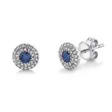 14K White Gold Blue Sapphire Diamond Stud Earrings Double Halo Natural 0.44 CTW