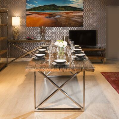 Kensington Solid Reclaimed Seat Wooden Dining Table Glass 200cm UK