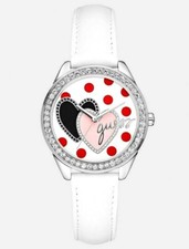 NEW GUESS SILVER,CRYSTALS,WHITE LEATHER BAND,HEART,RED POLKA DOT WATCH-U75046L1