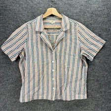 A New Approach Shirt Women M Medium Blue Striped Button Up Collared Short Sleeve