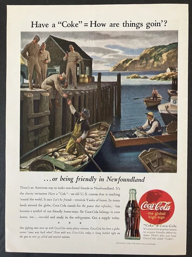 1944 Coca Cola Coke Friendly in Newfoundland Soldiers Dock Boat Vintage Print Ad