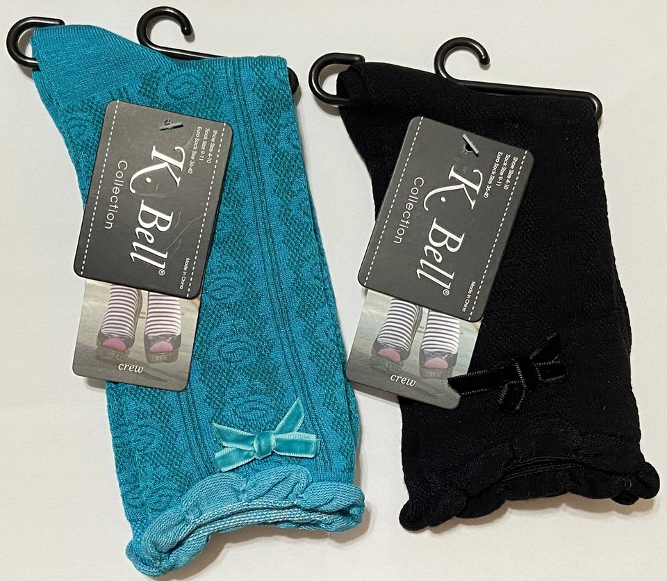 Calcetines de algodón 2 K. Bell para mujer con textura de pie doble volantes lazo de terciopelo azul negro 6-9 Foto 2 de 4