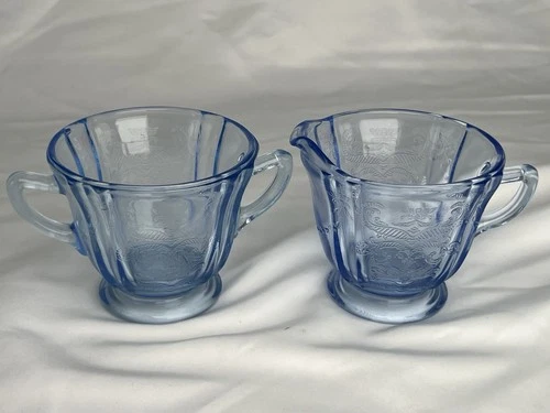 Vintage Recollection Blue Creamer and Open Sugar Depression Glass, Indiana Glass