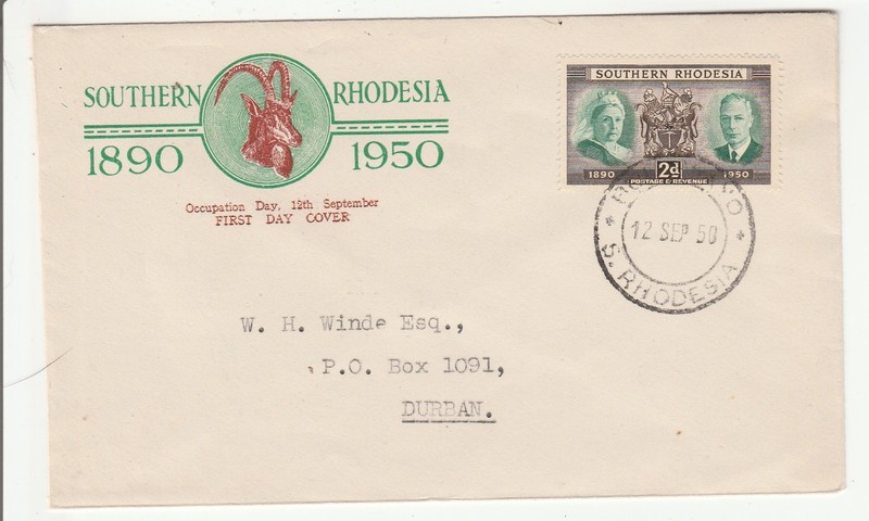 Southern Rhodesia ' "FDC'' Scott # 73 "12 SEP 50" To: Durban