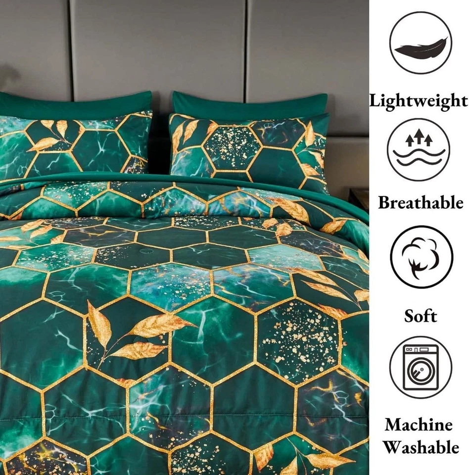 Juego de edredón de oro esmeralda de 7 piezas California tamaño king, Cal-King (7 piezas) verde Foto 3 de 4