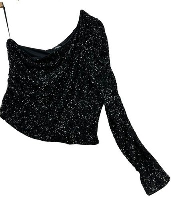 Express Womens Mob Wife One-Shoulder Sequin Top Long Sleeve Size XL Black