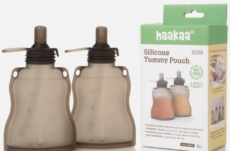 Set of 2 HAAKAA Silicone Yummy Pouches Baby 6m+ Food Storage Squeezable Gray NEW