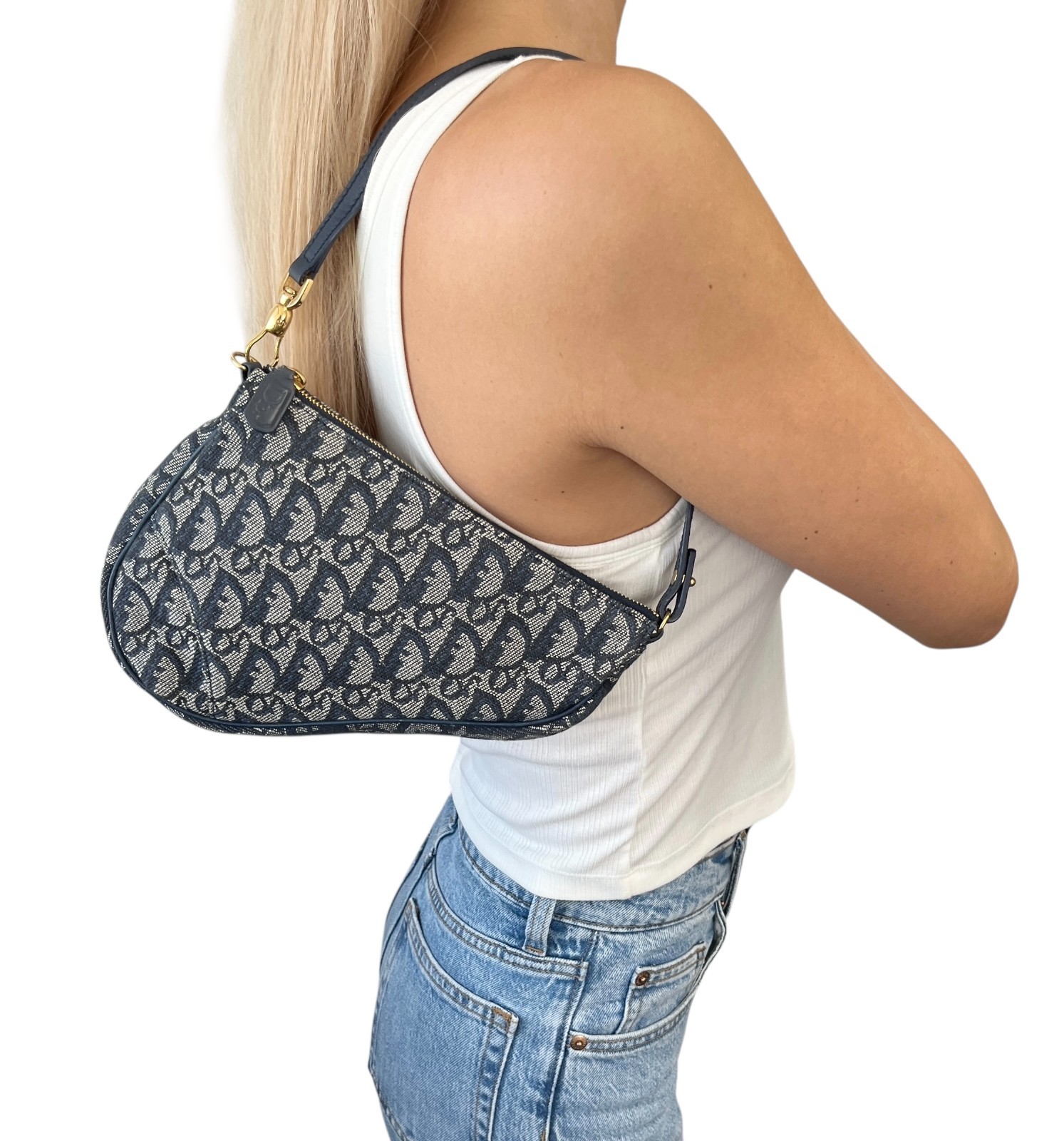 Borsa da sella Christian Dior vintage 2001 Trotter Monogram tela blu scuro