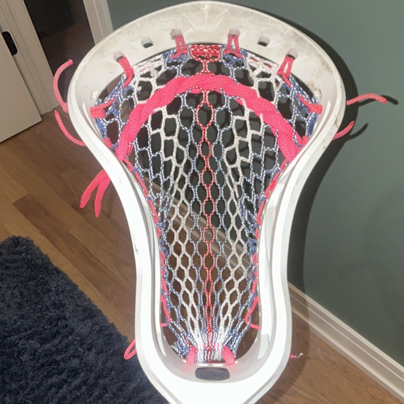 Strung Lacrosse Head White with Pink, Blue, and Black Mesh Stringing