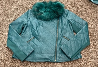 Iman Platinum NWT 100% Leather Moto Jacket With Removable For A Collar, Teal M