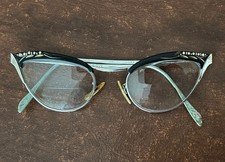 Vtg Retro Cat Eye Glasses 12k GF Silver  Black w Rhinestones 50's 60's MCM
