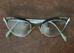 Vtg Retro Cat Eye Glasses 12k GF Silver & Black w Rhinestones 50's 60's MCM