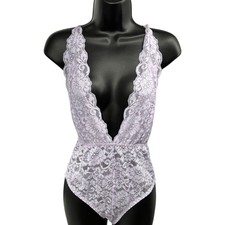 We Are HAH Comin' in HAHT Lace Teddy Bodysuit Deep V Plunge Purple Lilac M