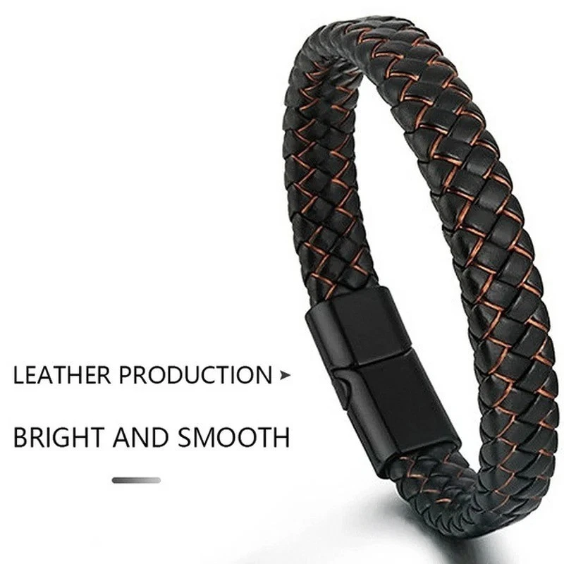 Brazalete trenzado de cuero genuino para hombre negro con cierre de acero inoxidable P Foto 4 de 4