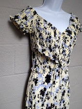 ASTR The Label Maxi Dress Size XL Blue Floral Elastic Smocking V Neck Side Slit