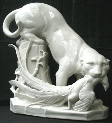 Panther Peacock Antique Porcelain Large Rare Art Deco Figurine Animal Germany