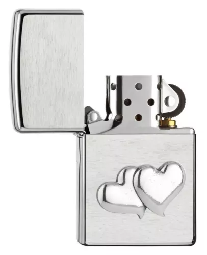 ZIPPO "DOUBLE HEART" BRUSHED CHROME EMBLEM LIGHTER ** NEW **