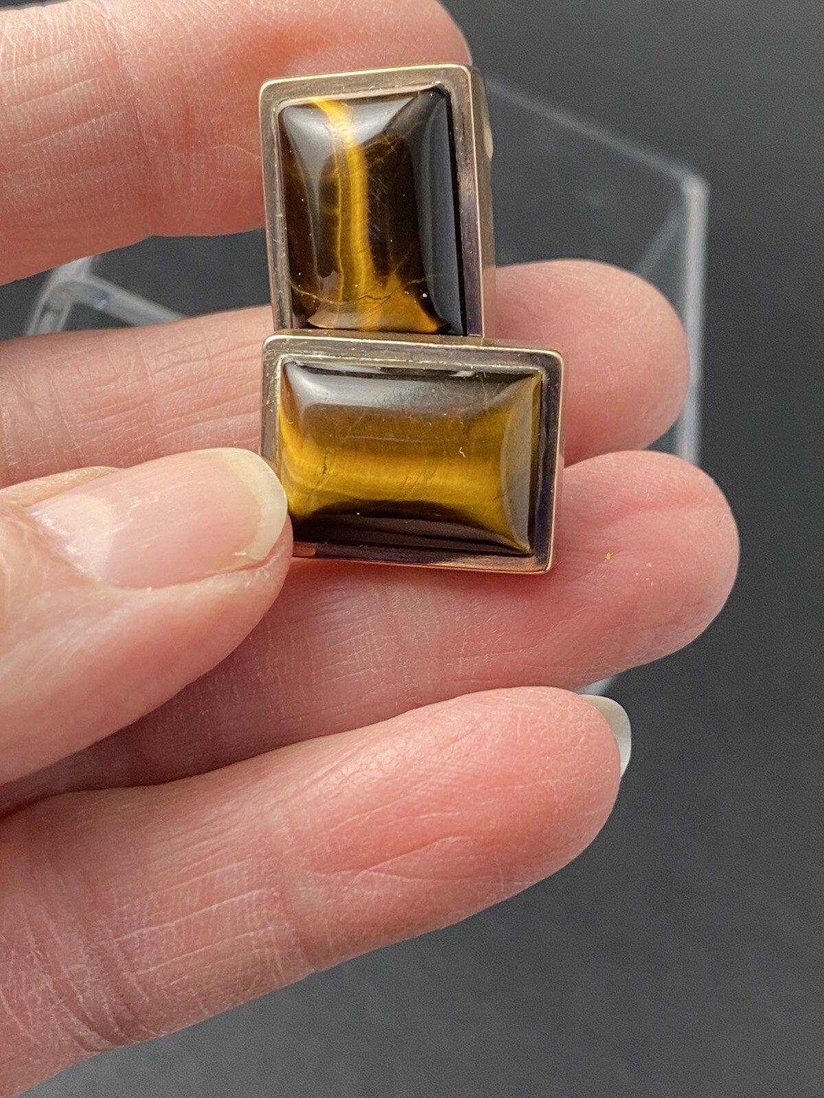 Antique Tiger Eye Stone Rectangular Cuff Links Wi… - image 9