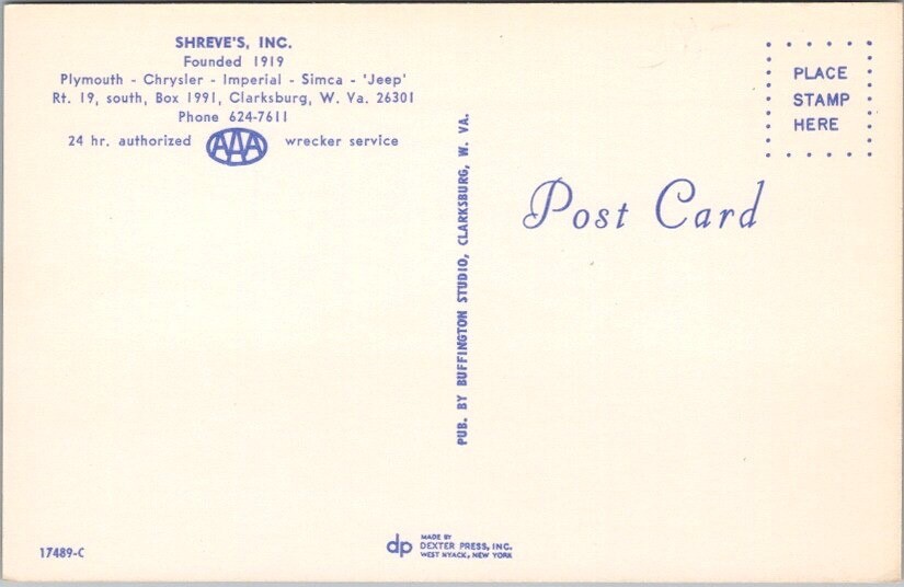 1960s Clarksburg WV Car Dealer Postcard "SHREVE'S, INC." Plymouth Chrysler Jeep eBay