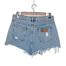 SHEIN womens distressed hot pants denim shorts L 8/10 light wash distressed