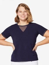 NIP! NEW! Ruby Ribbon Womens NAVY BLUE Sheer BLISS Top Short Sleeves Size SMALL