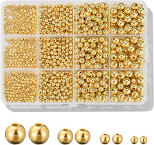 1100 Pcs Gold Beads Smooth round Beads 3/4/6/8Mm Gold Spacer Loose Ball Bead Kit