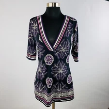 Max Studio Womens Small S Black Purple Gray Bohemian Abstract Print Top
