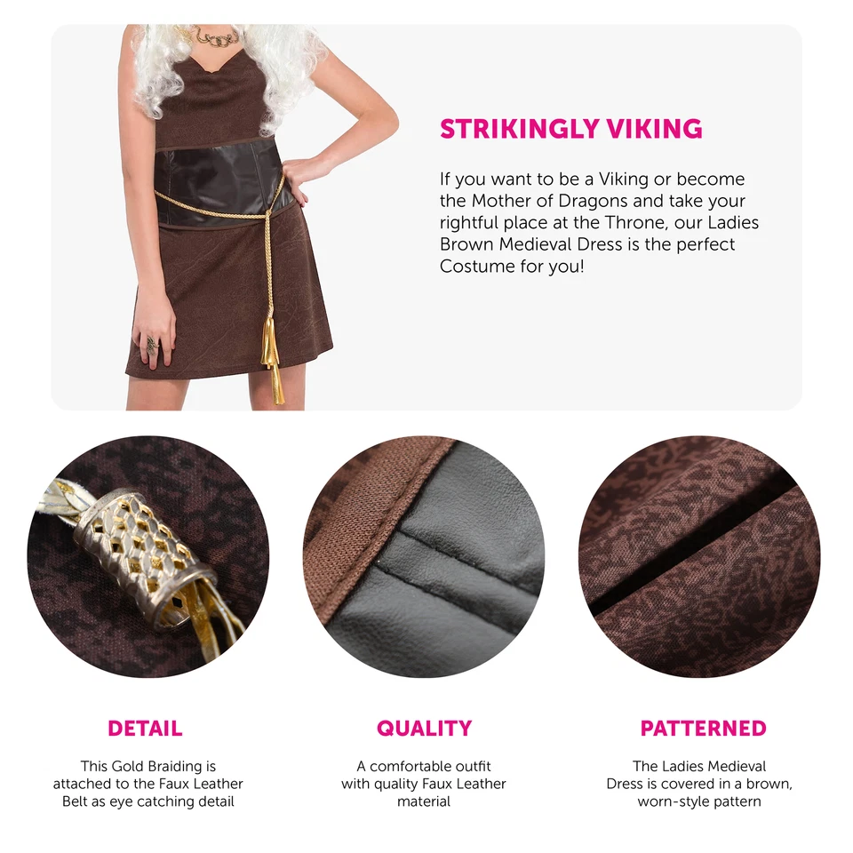 LADIES WARRIOR DRESS BROWN MEDIEVAL VIKING COSTUME HISTORIC BOOK DAY FANCY DRESS - Image 2 of 4